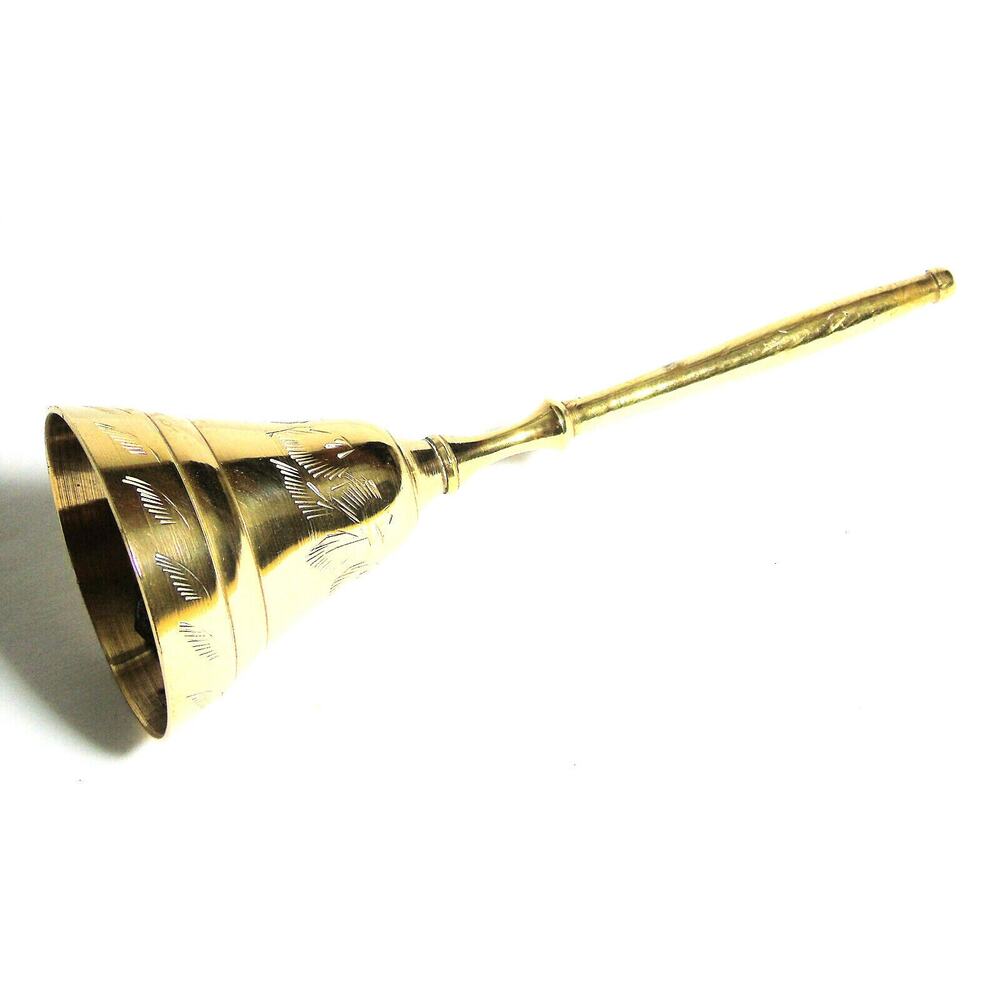 Vintage ETCHED BRASS BELL Made In India Long Handle Great Sound 6.25" Tall